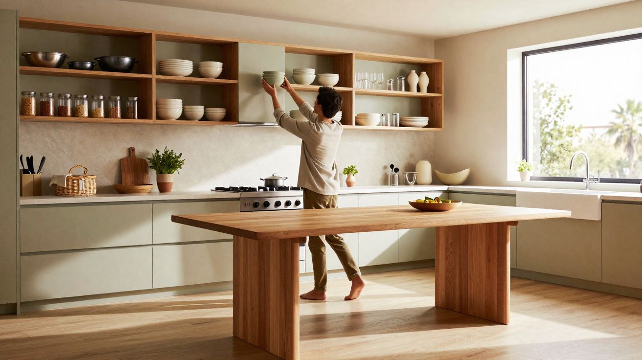 Cozinha moderna com armários abertos, bancada em madeira, e pessoa a arrumar pratos nas prateleiras.