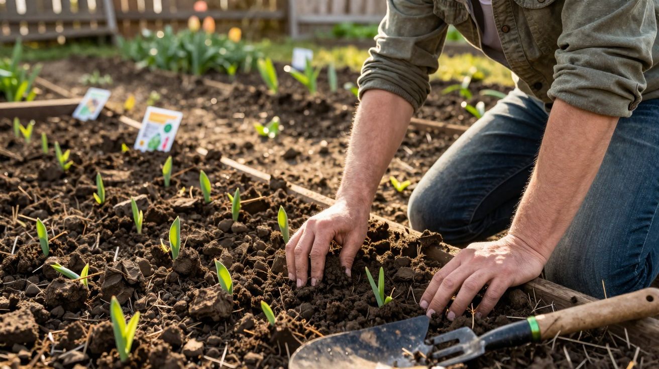 Pessoa a plantar rebentos verdes numa horta com terra fofa e ferramentas de jardinagem próximas.