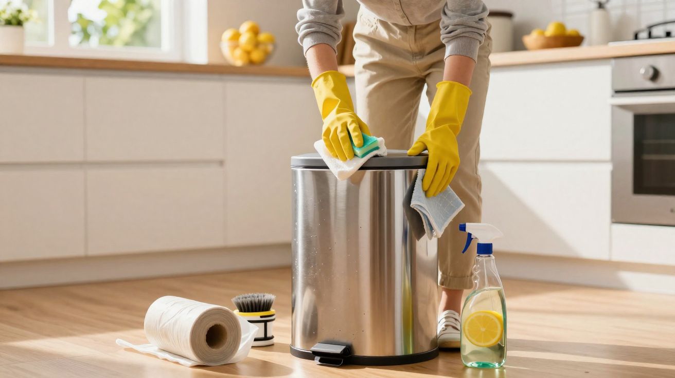Pessoa com luvas amarelas a limpar um caixote do lixo metálico numa cozinha moderna e iluminada.