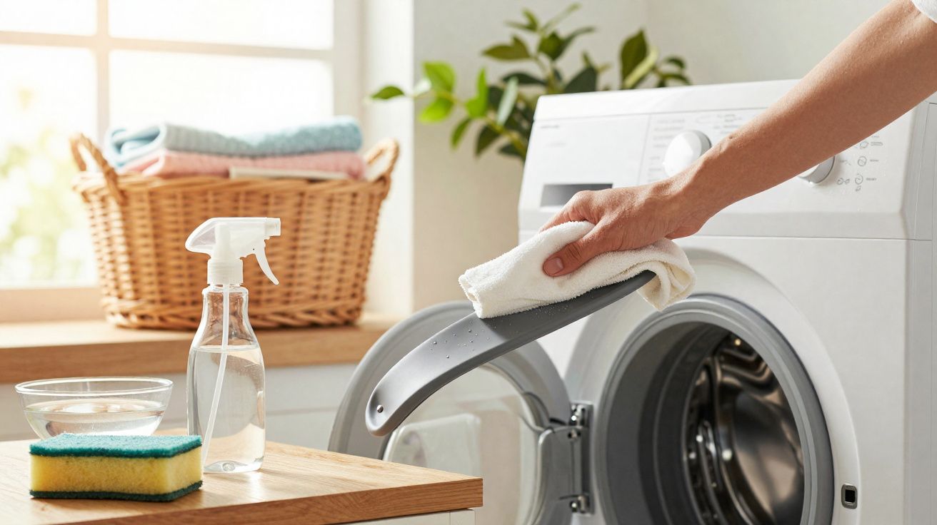 Pessoa a limpar a máquina de lavar roupa com um pano branco num ambiente doméstico iluminado.