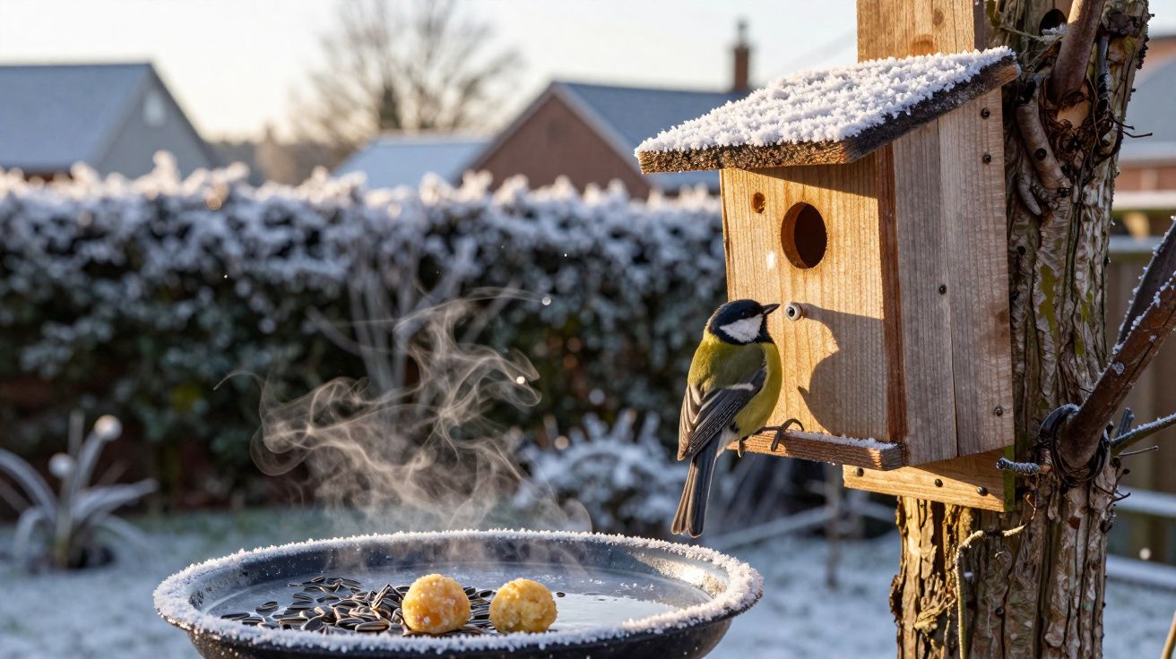 Pássaro agarrado numa casa de madeira com geada, perto de comedouro com sementes e esferas amarelas.