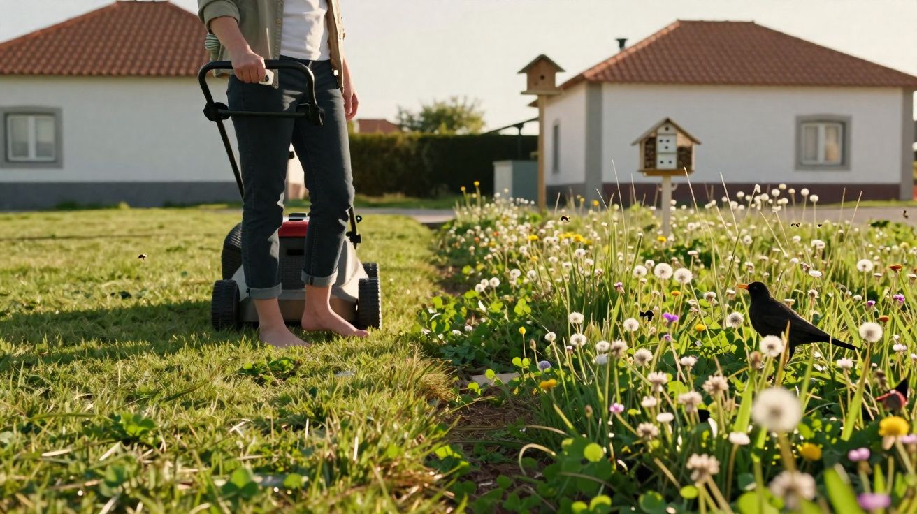 Pessoa a cortar relva descalça num jardim com flores e casas ao fundo numa manhã ensolarada.