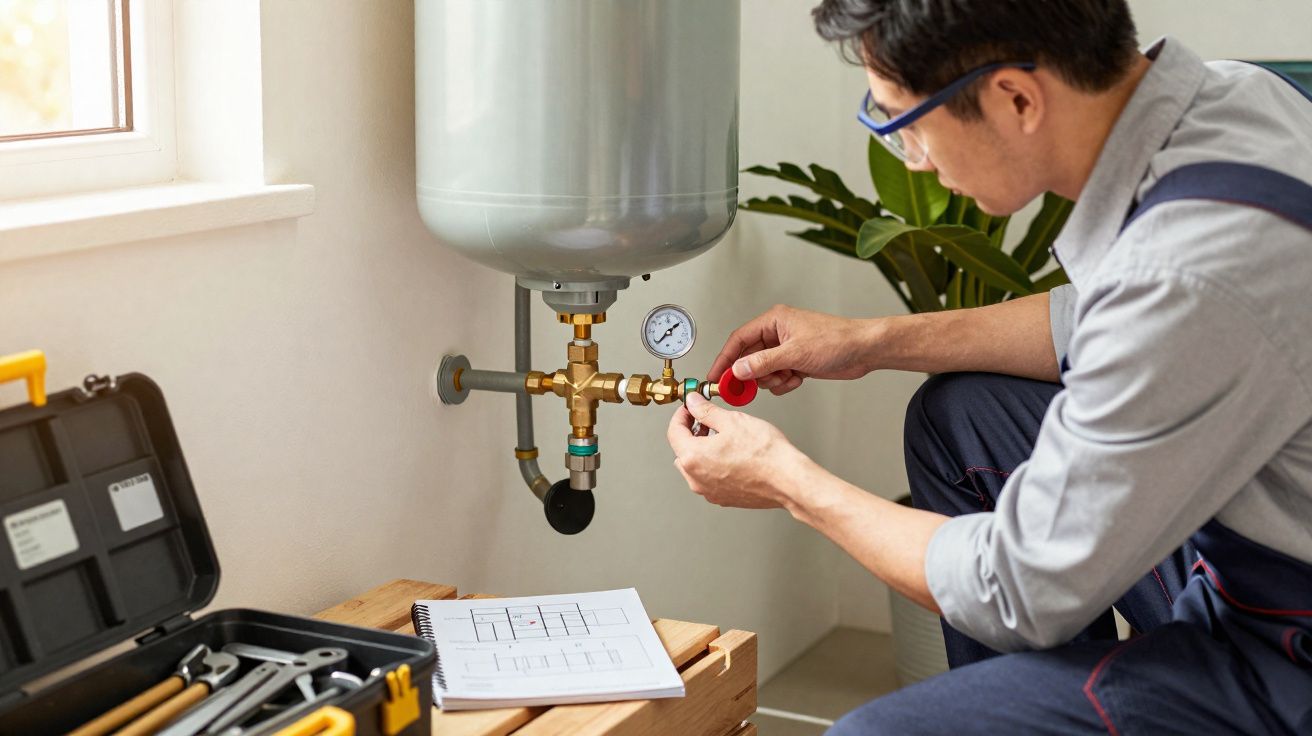 Técnico a reparar sistema de aquecimento com válvulas e ferramentas junto a uma caixa aberta com equipamentos.