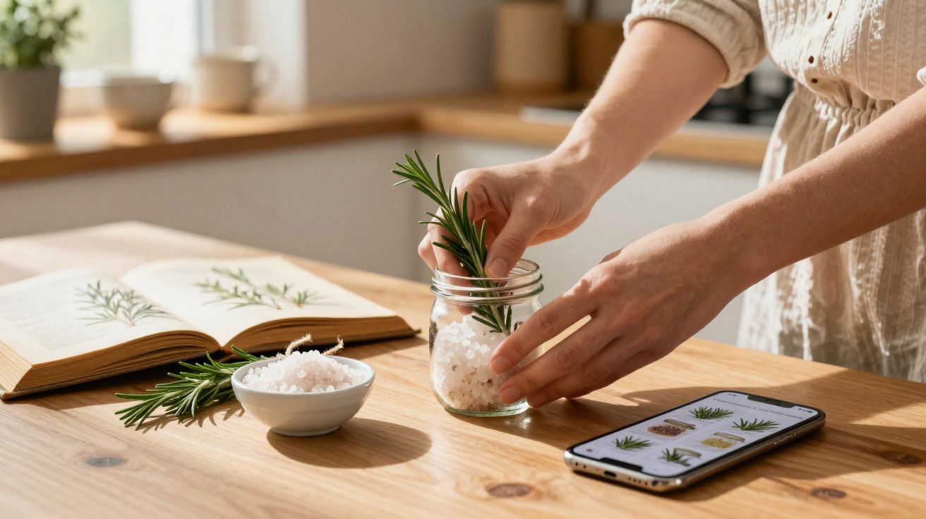 Pessoa a colocar raminho de alecrim em frasco com sal grosso numa cozinha iluminada naturalemente.