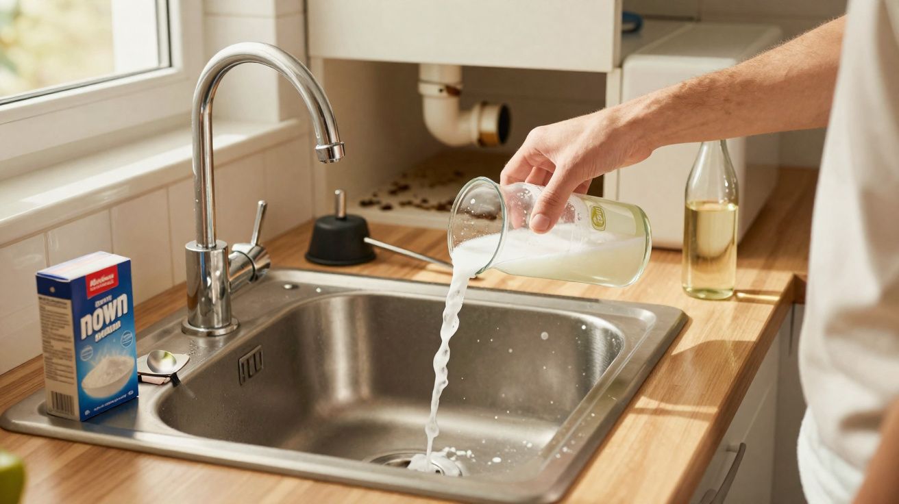 Pessoa a deitar leite num lava-loiças de cozinha com bancada de madeira e caixa de flocos de aveia ao lado.