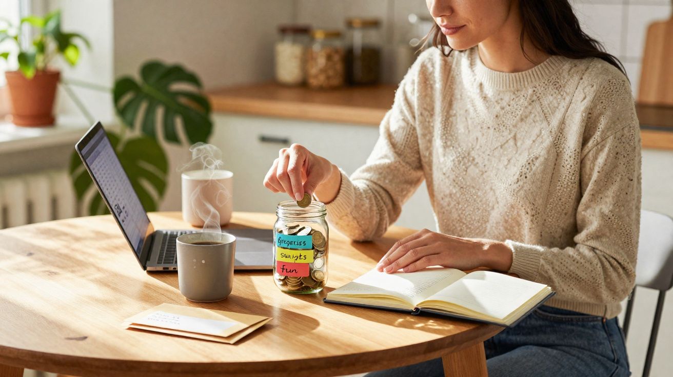 Mulher sentada a guardar moedas num frasco, com caderno aberto, portátil e chá quente numa mesa de madeira.