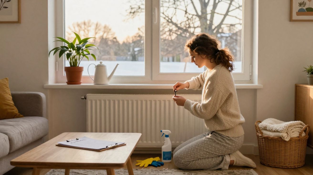 Mulher de cabelo encaracolado a aplicar óleo de cutícula em casa, junto a janela com luz natural.