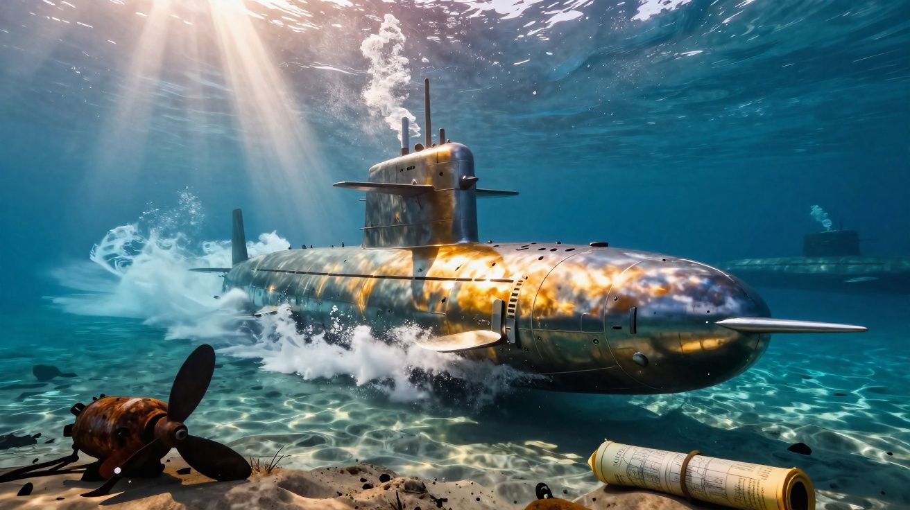 Submarino a navegar sob a água em fundo marinho iluminado por raios solares, com destroços visíveis no chão.