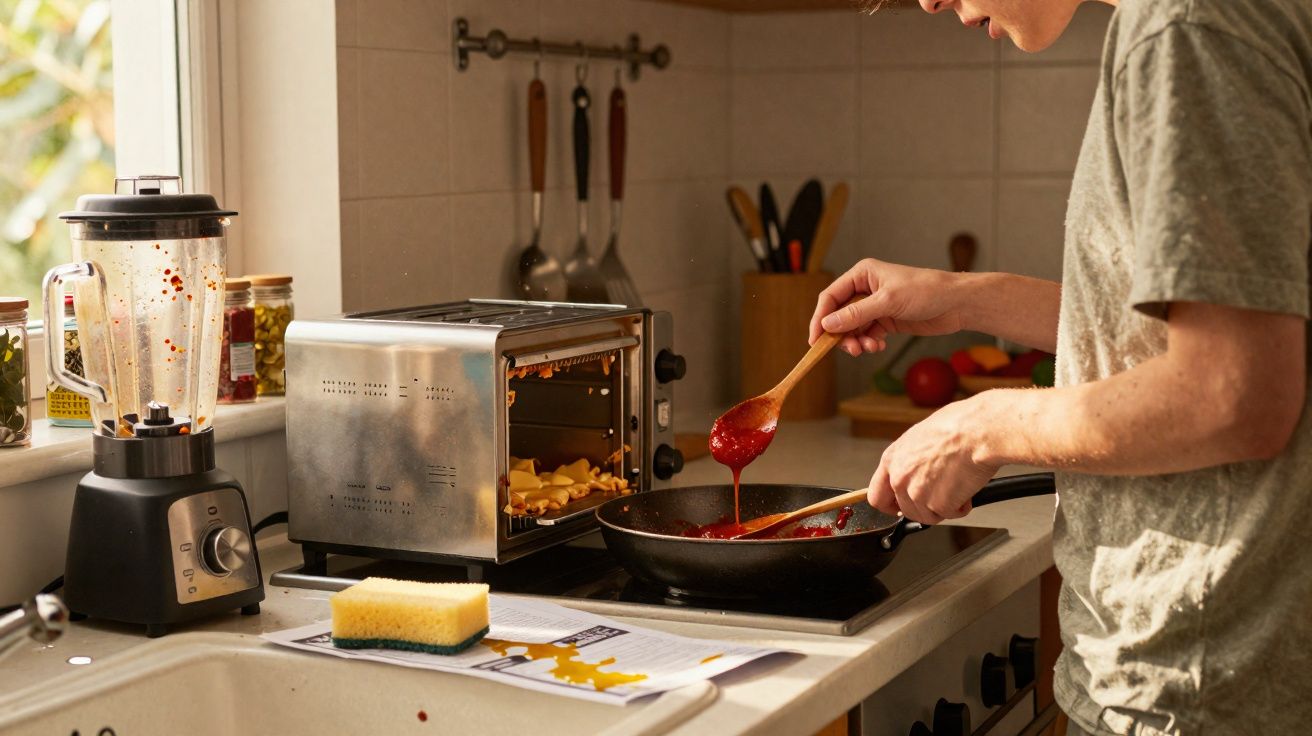Pessoa a cozinhar molho de tomate numa frigideira numa cozinha com torradeira e liquidificador ao lado.
