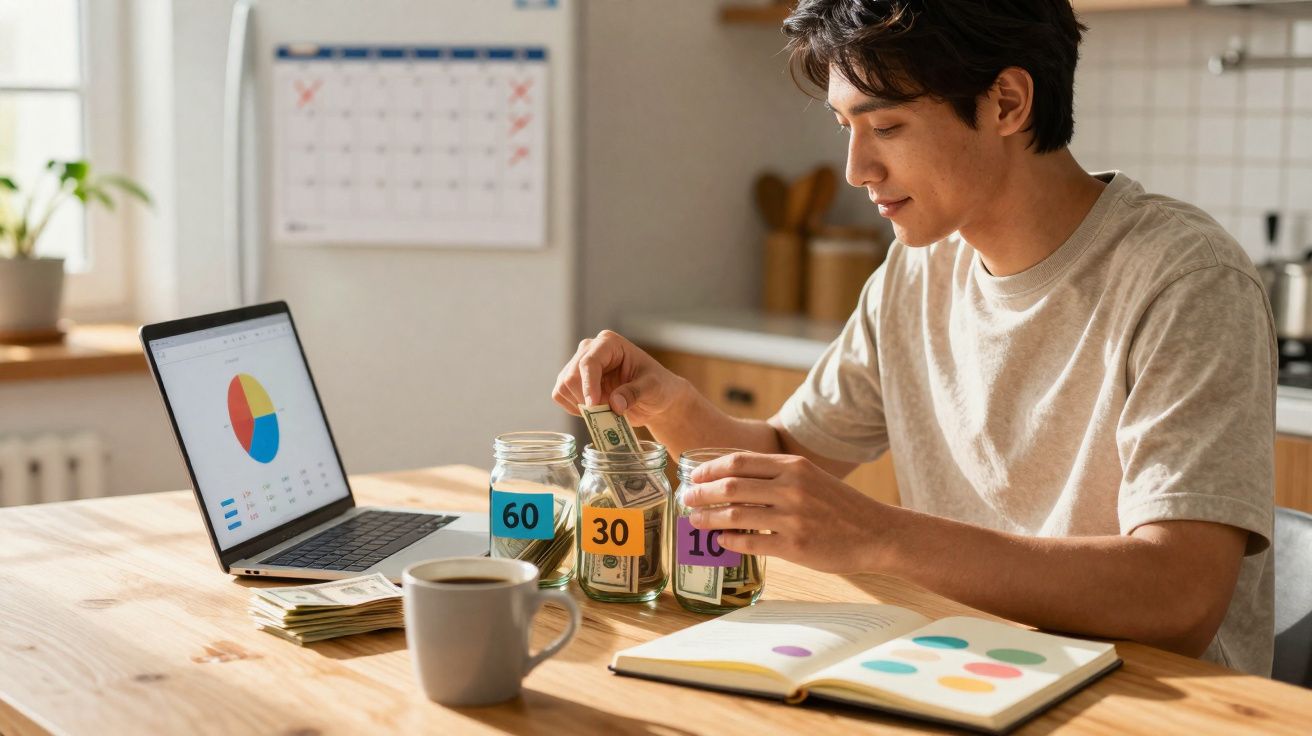 Jovem a organizar e colocar dinheiro em frascos rotulados com percentagens numa mesa com portátil, café e caderno.