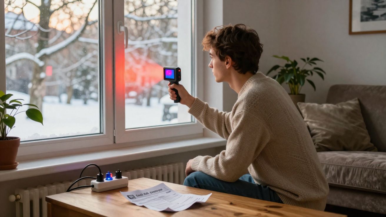 Jovem sentado junto a uma janela a usar câmara térmica para medir a temperatura exterior nevada.