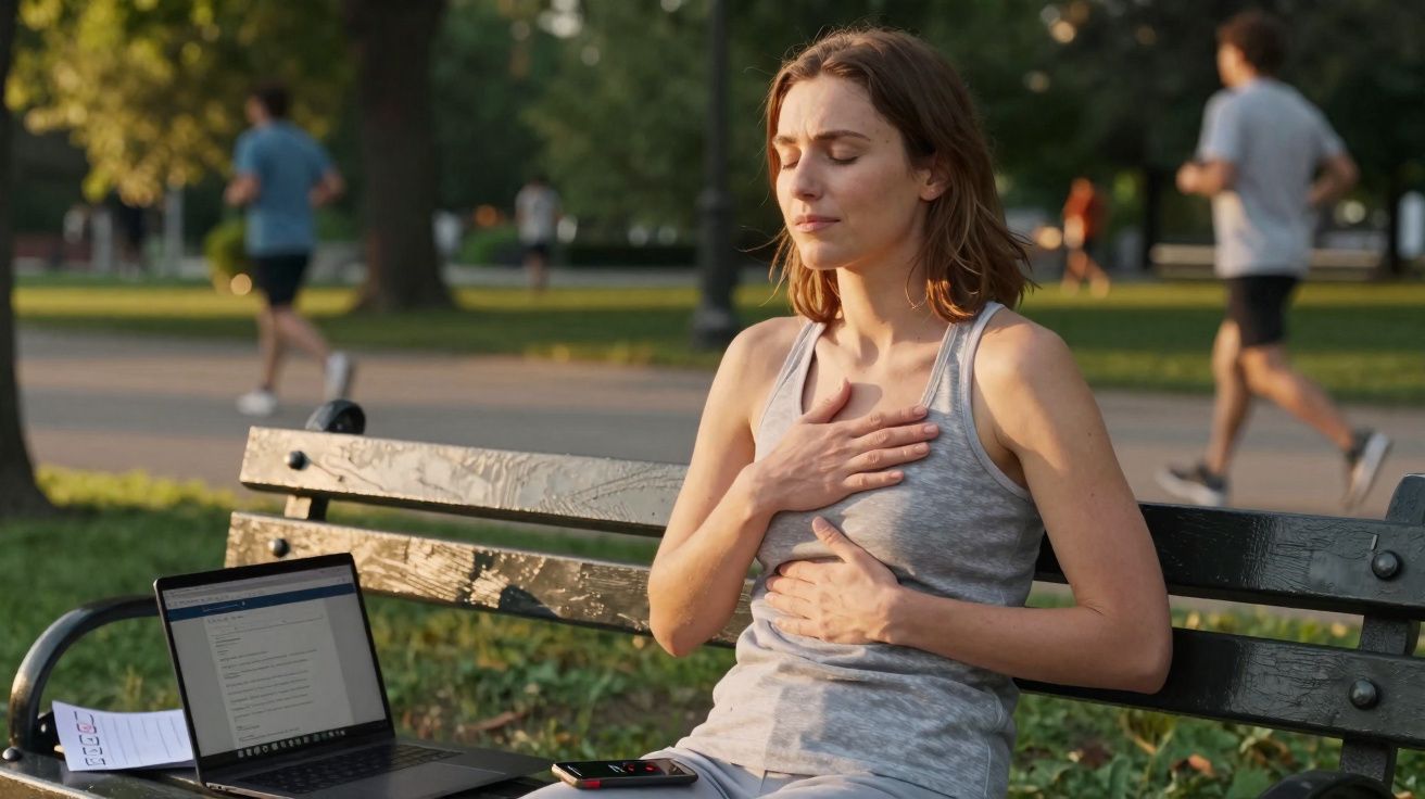 Mulher sentada num banco de parque com as mãos no peito, parecendo desconforto respiratório.