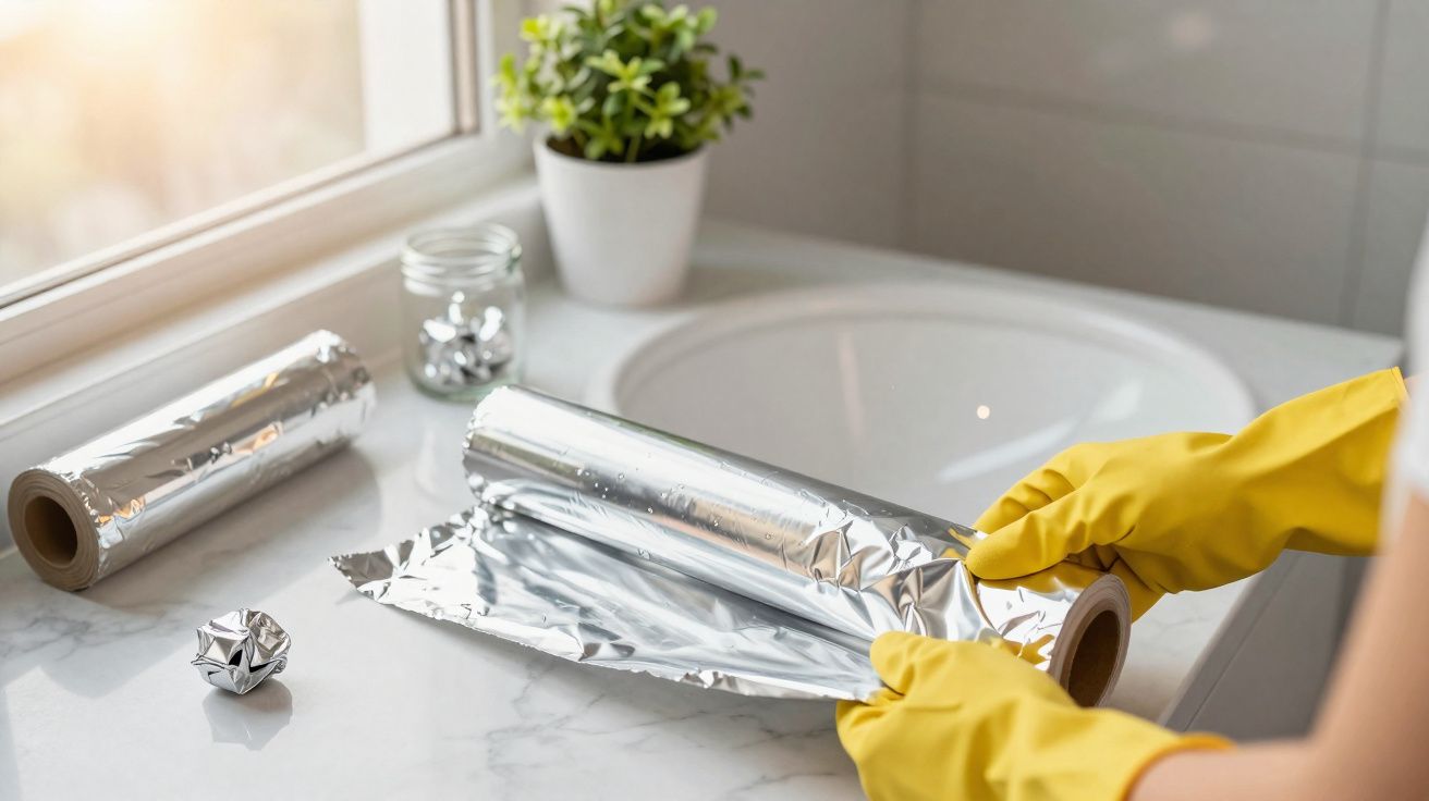 Pessoa com luvas amarelas a manusear papel de alumínio numa bancada de cozinha junto a pia e planta.
