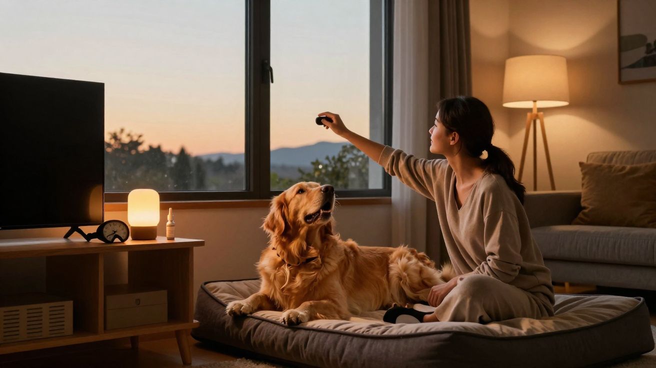 Mulher sentada com um cão Golden Retriever num colchão, a segurar um comando à distância.