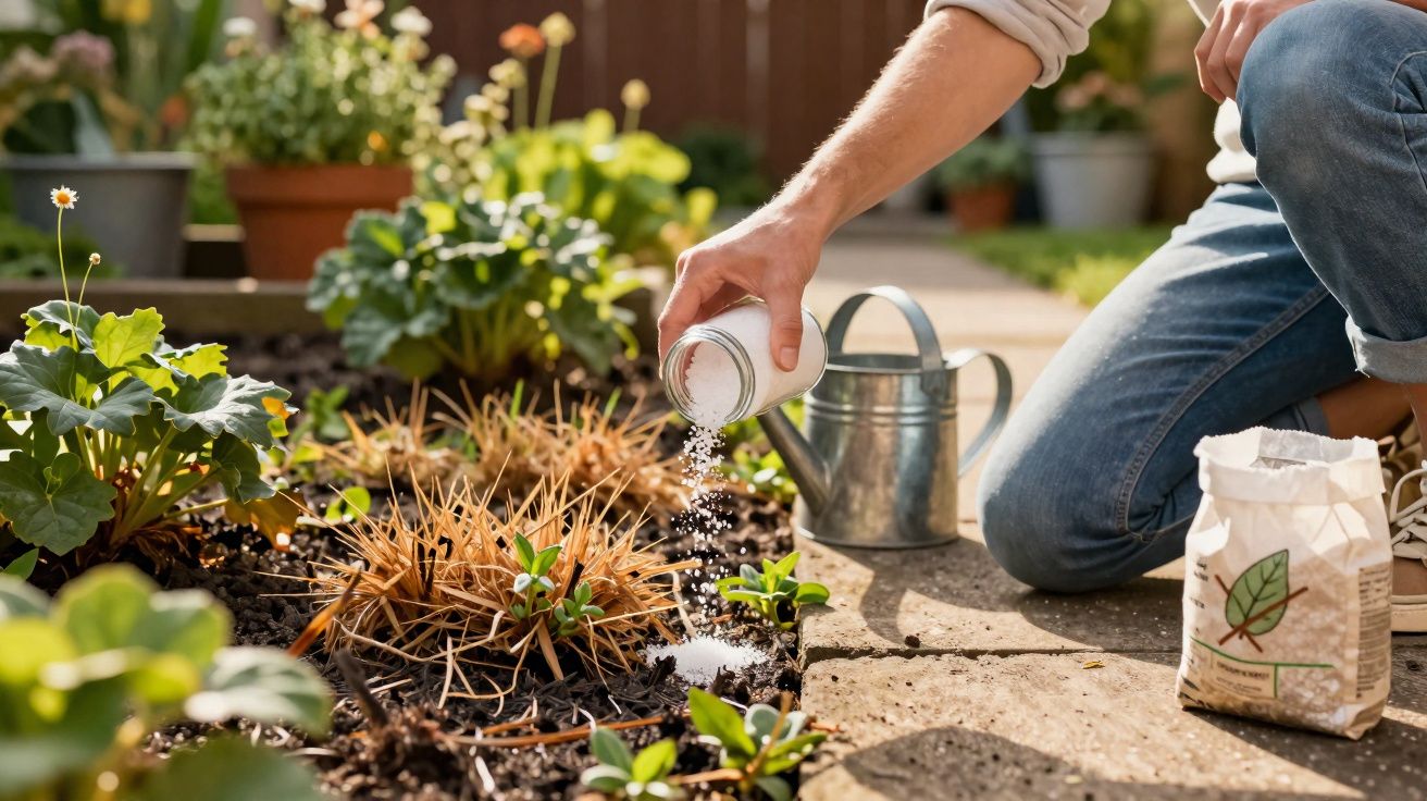 Pessoa a espalhar fertilizante em plantas num jardim com regadeira e saco à vista.