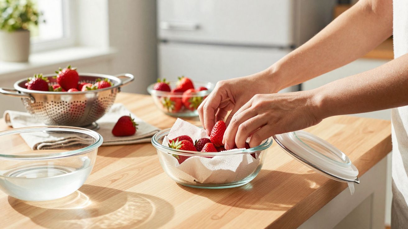 Mãos a colocar morangos limpos numa taça de vidro numa cozinha com luz natural e vários recipientes com morangos.