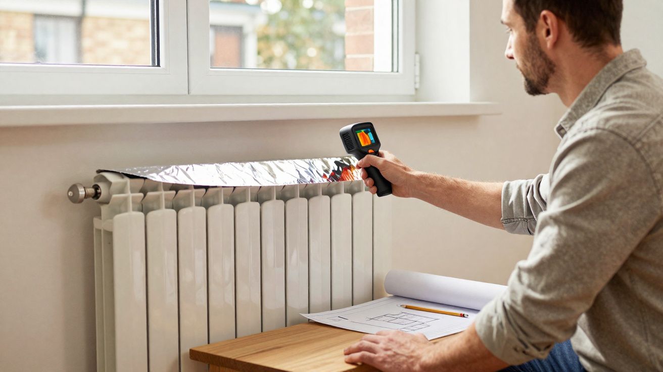 Homem a usar termómetro infravermelho num radiador coberto com folha de alumínio junto a janela.