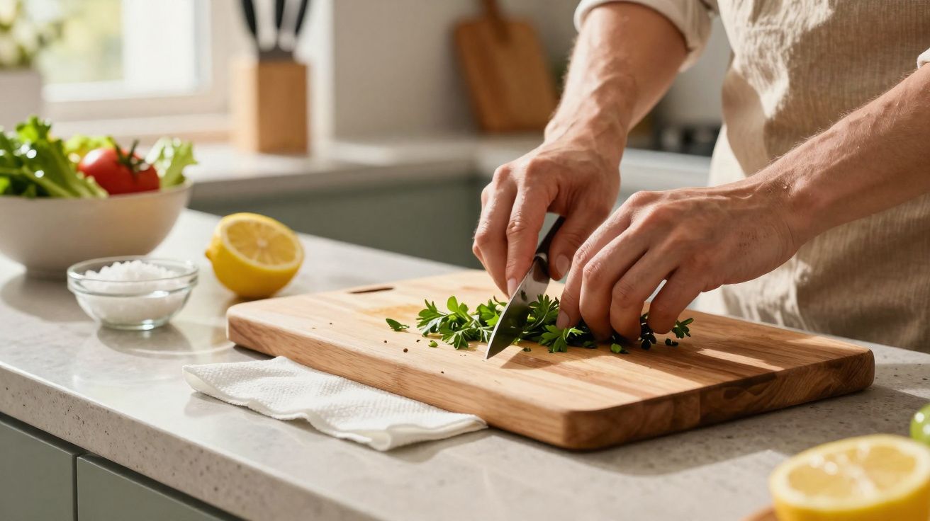 Pessoa a cortar ervas frescas numa tábua de madeira numa cozinha iluminada com ingredientes à volta.