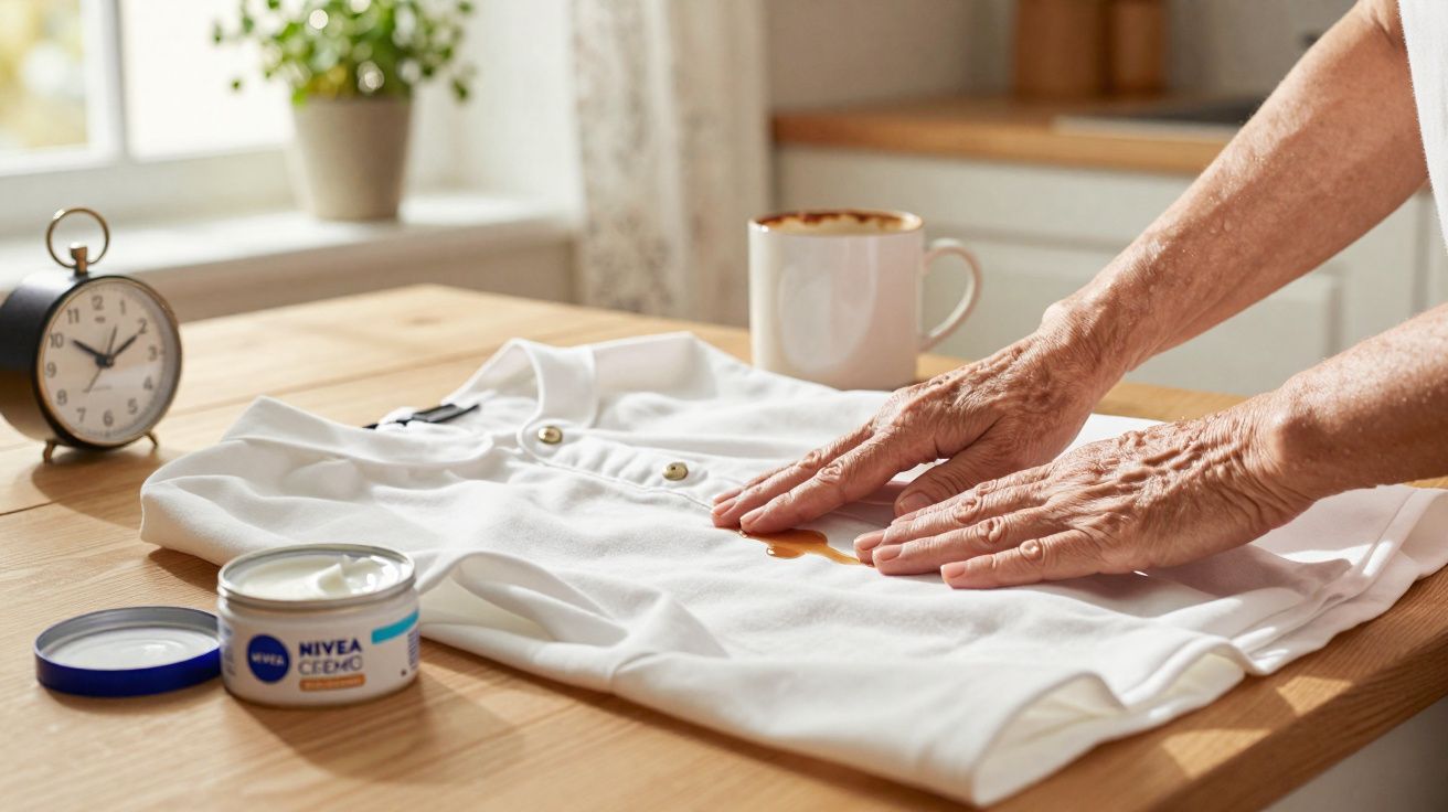 Mãos a aplicar creme Nivea para remover nódoa de café numa camisa branca sobre uma mesa de madeira.