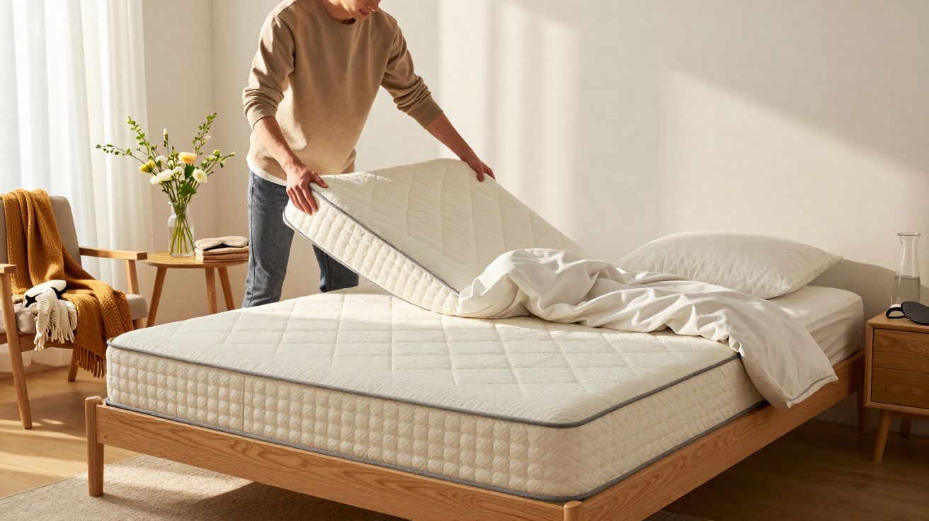 Pessoa a arrumar um colchão num quarto com decoração em madeira e luz natural suave.