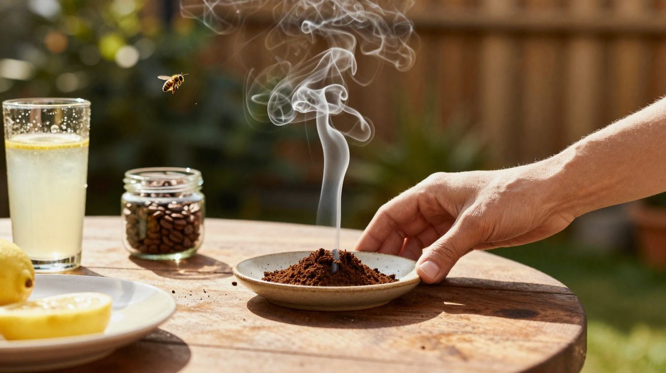 Mão a segurar prato com café moído a fumar, jarra com grãos, copo com limonada, fatias de limão e uma abelha a voar.