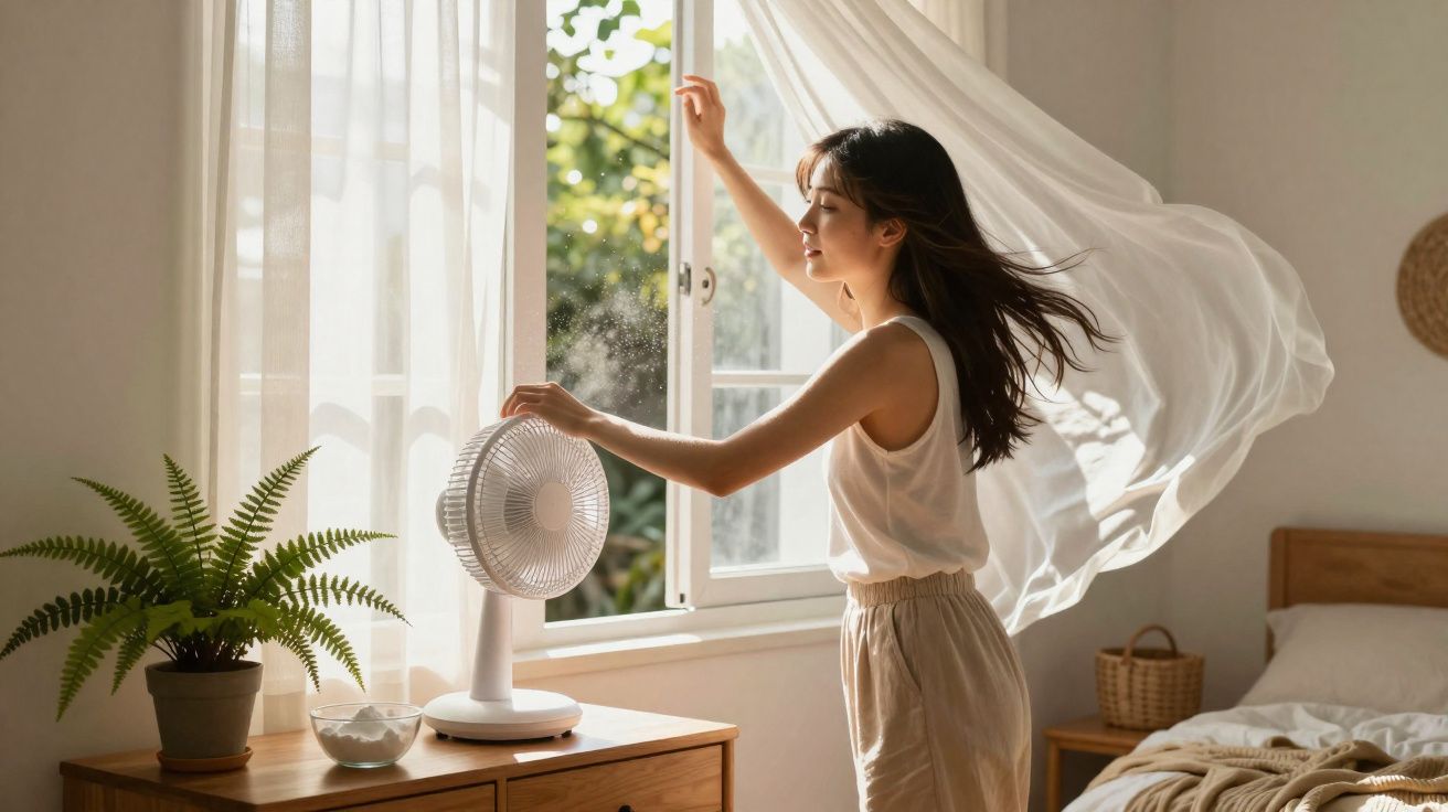 Mulher a abrir janela num quarto luminoso com cortinas a esvoaçar e ventilador a funcionar sobre cómoda.