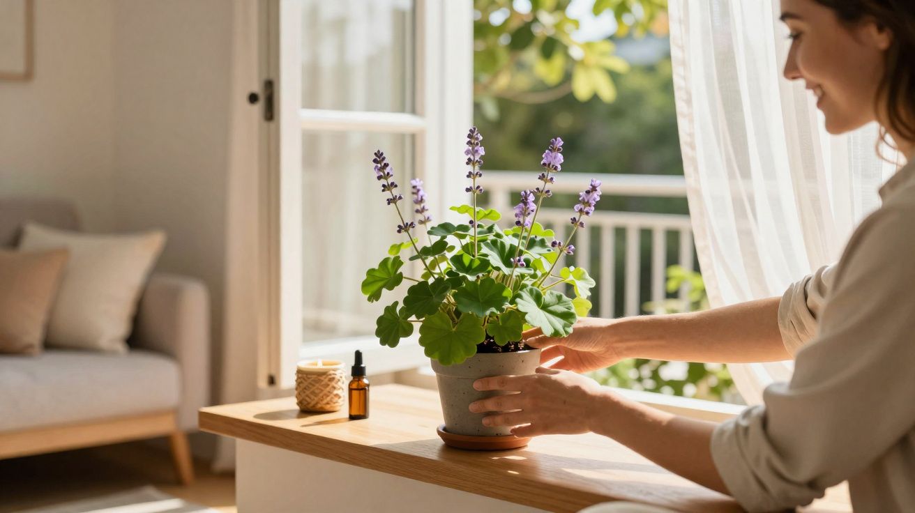 Pessoa a cuidar de planta com flores roxas junto a janela aberta em sala iluminada de luz natural.