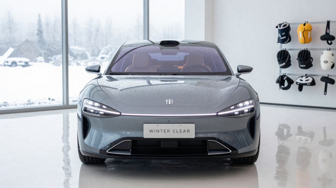 Carro desportivo cinzento estacionado em interior com capacetes e acessórios de ciclismo na parede.