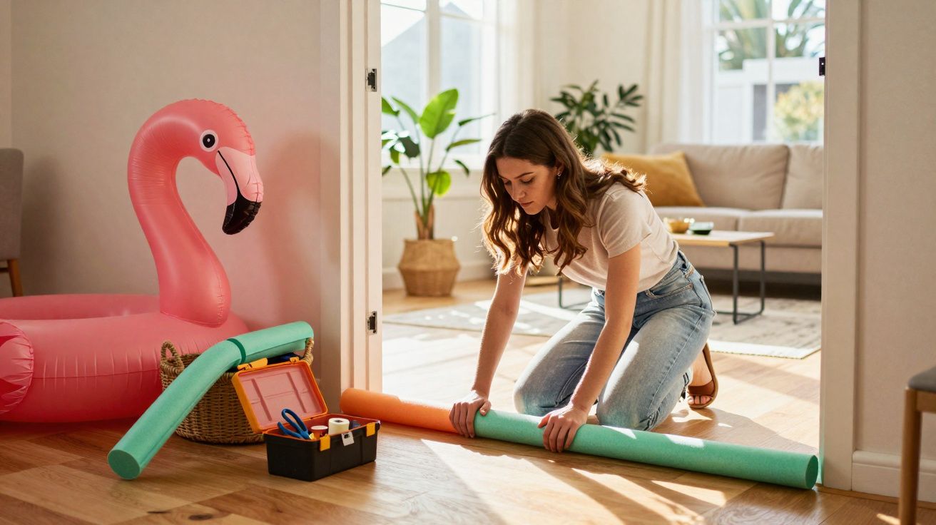 Mulher sentada no chão de madeira enrola tapete verde num espaço luminoso com insuflável rosa.