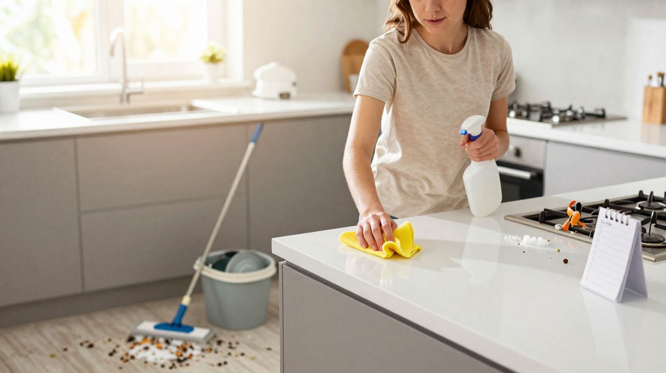 Mulher a limpar bancada da cozinha com pano amarelo e spray, próxima de esfregona e balde.