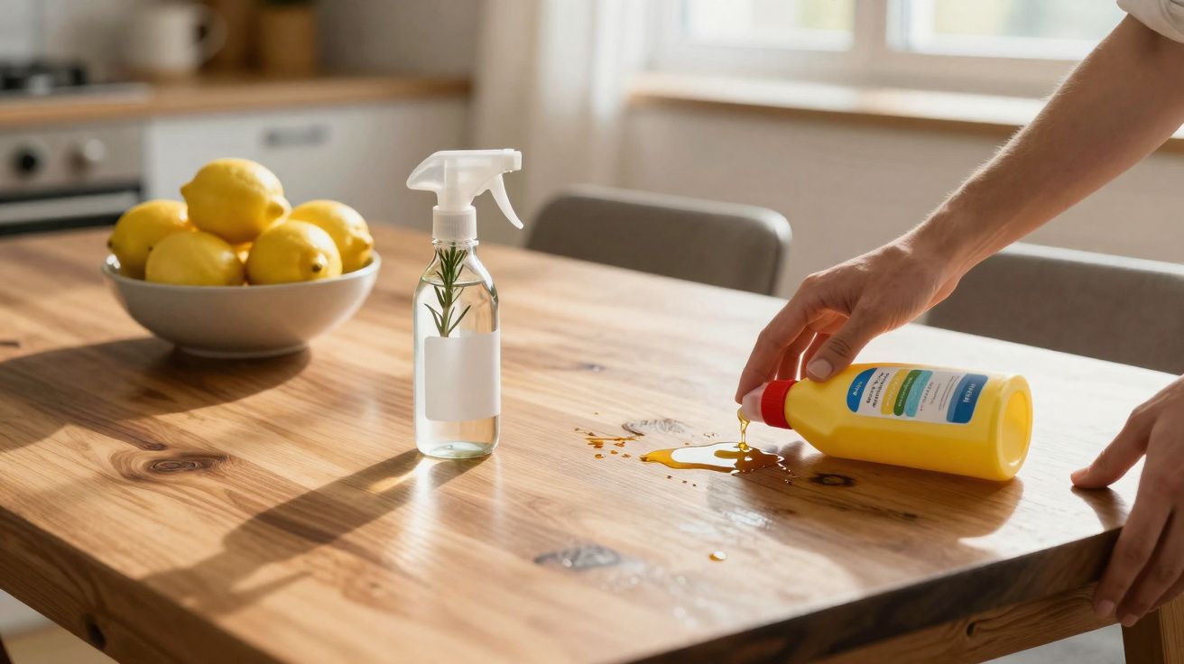 Mão a limpar um líquido amarelo derramado numa mesa de madeira, com spray e taça de limões no fundo.