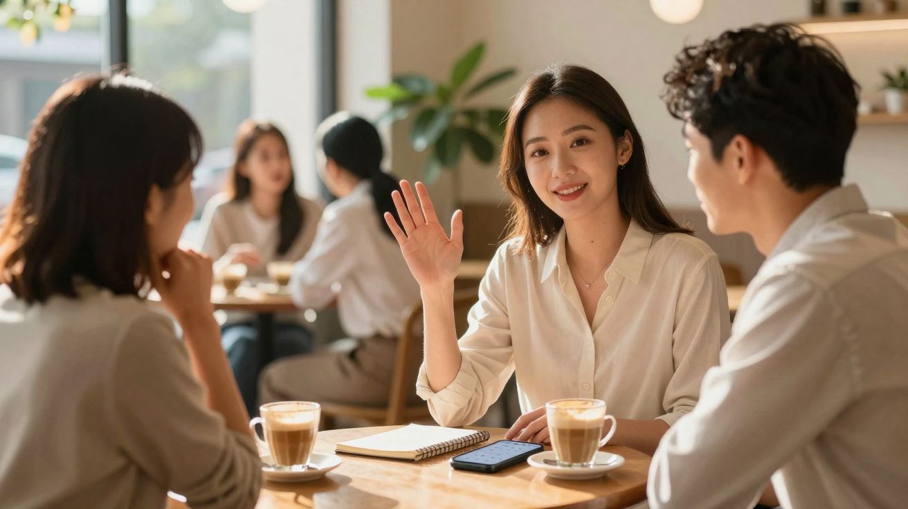 Grupo de pessoas a conversar num café, com uma mulher a acenar e três cafés na mesa.