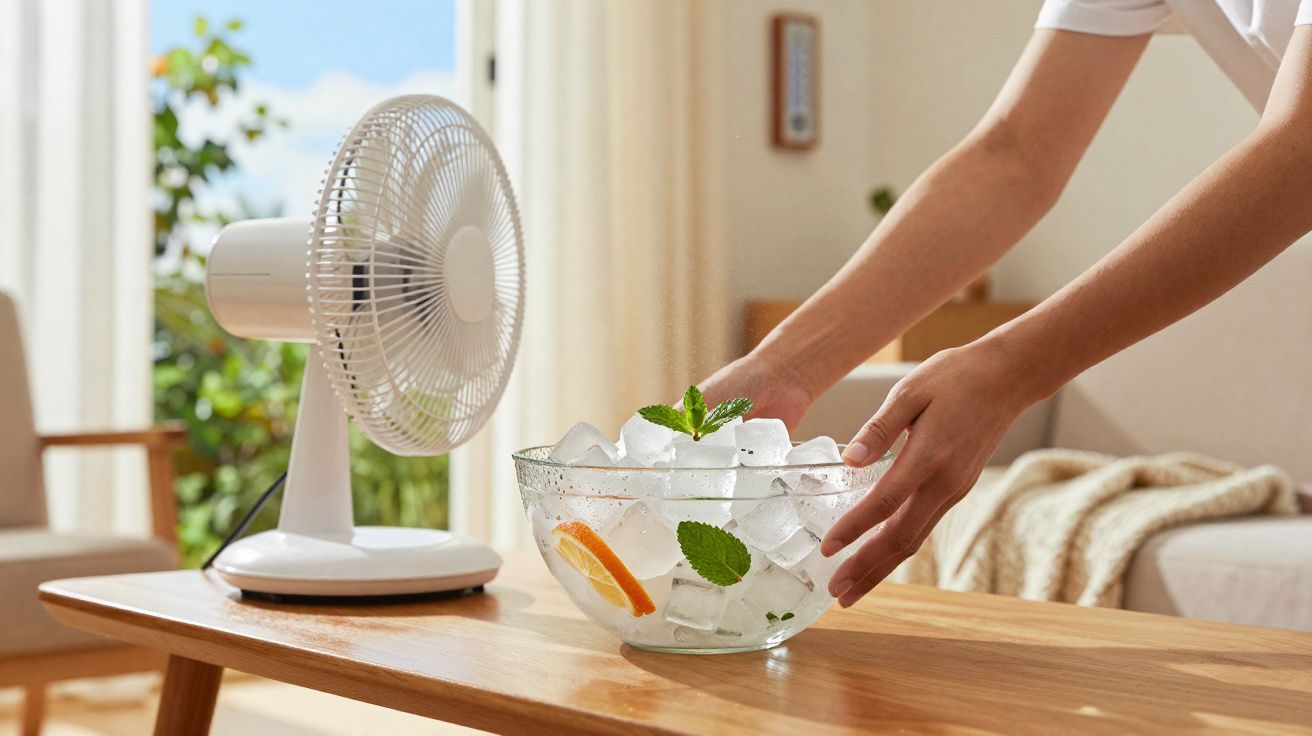 Pessoa coloca tigela de gelo com hortelã e laranja junto a ventilador branco numa sala iluminada.
