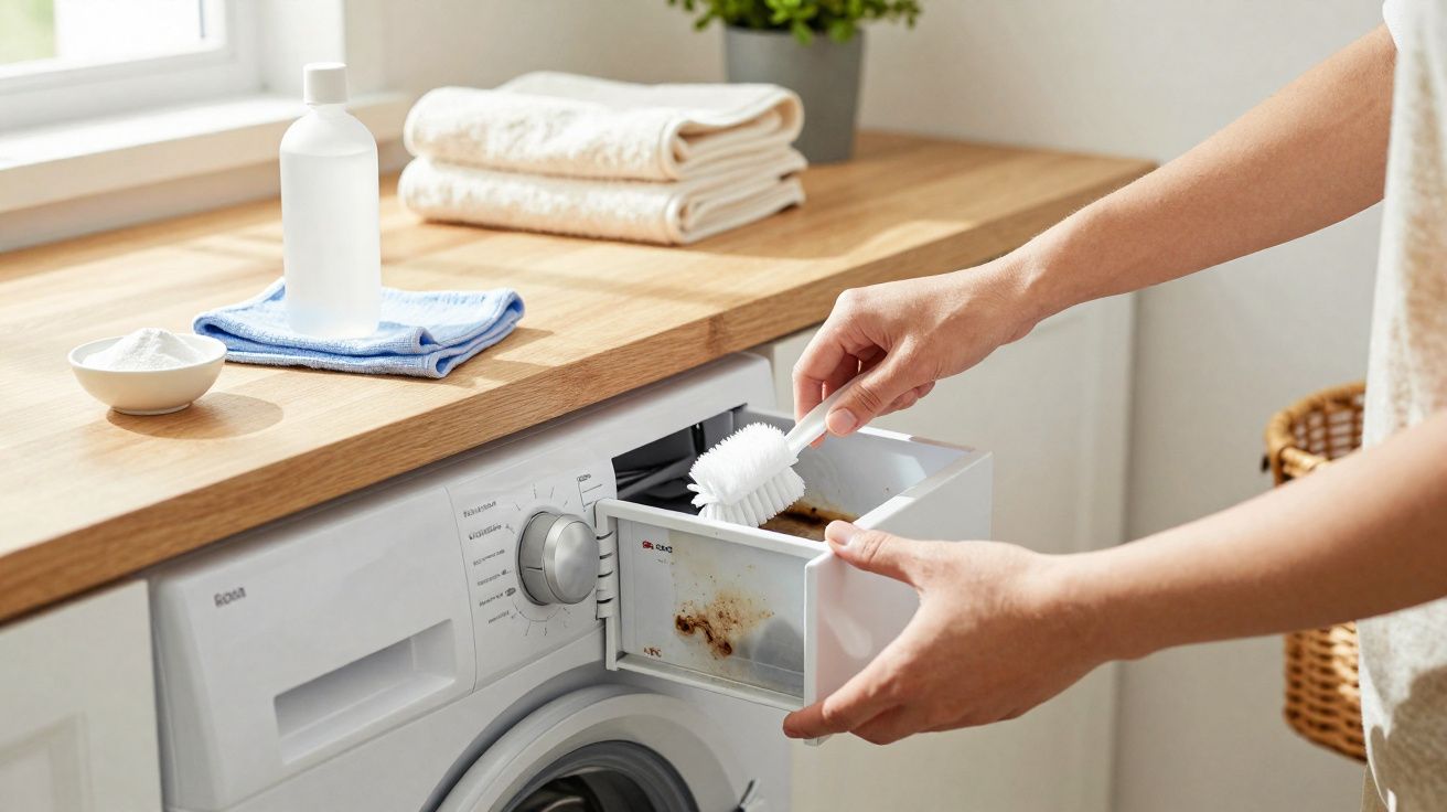Mãos a limpar o compartimento de detergente de uma máquina de lavar roupa branca com uma escova.
