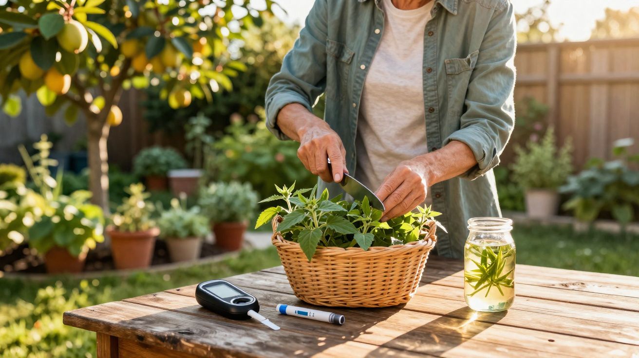 Pessoa a cortar plantas frescas numa cesta, com medidor de glicose e seringa sobre mesa de madeira ao ar livre.