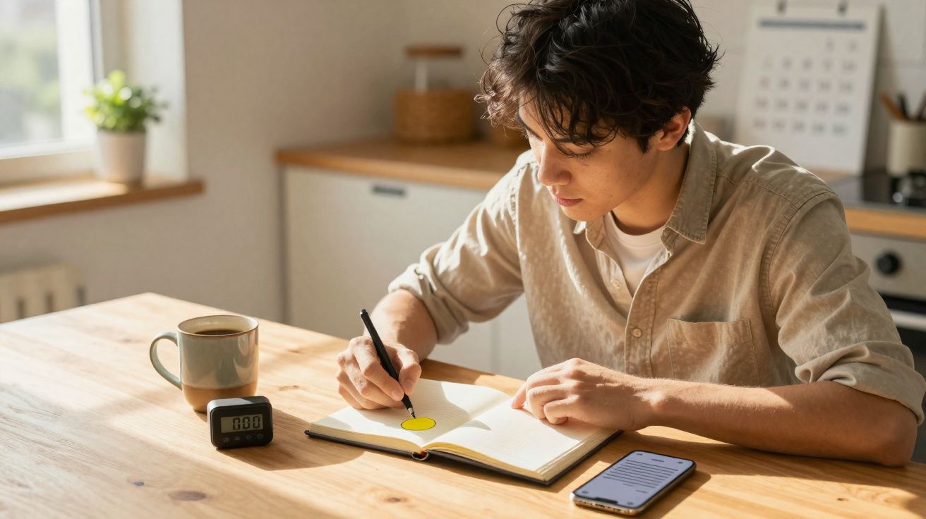 Pessoa jovem desenha num caderno numa cozinha, com chávena, cronómetro digital e telemóvel na mesa de madeira.