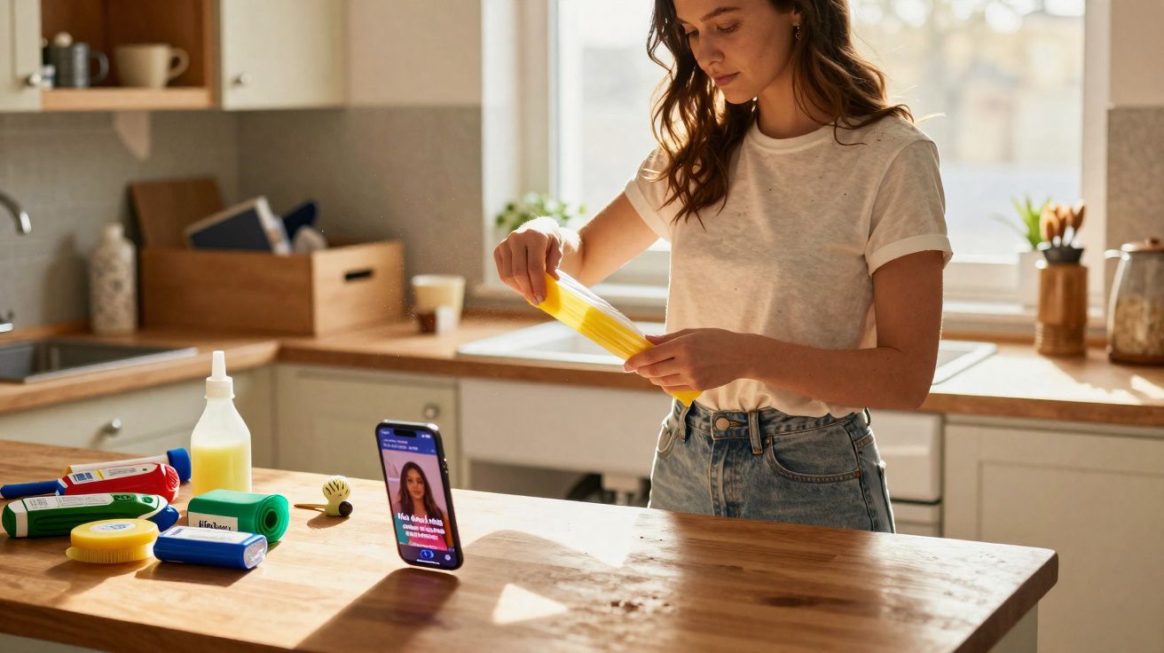 Mulher numa cozinha a preparar pasta enquanto assiste a vídeo num telemóvel colocado sobre a bancada.