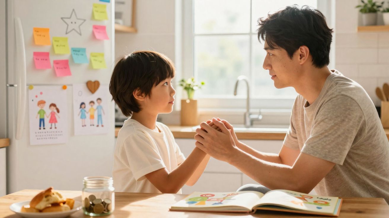 Pai e filho sentados à mesa da cozinha com livro aberto, olhando-se e segurando as mãos.