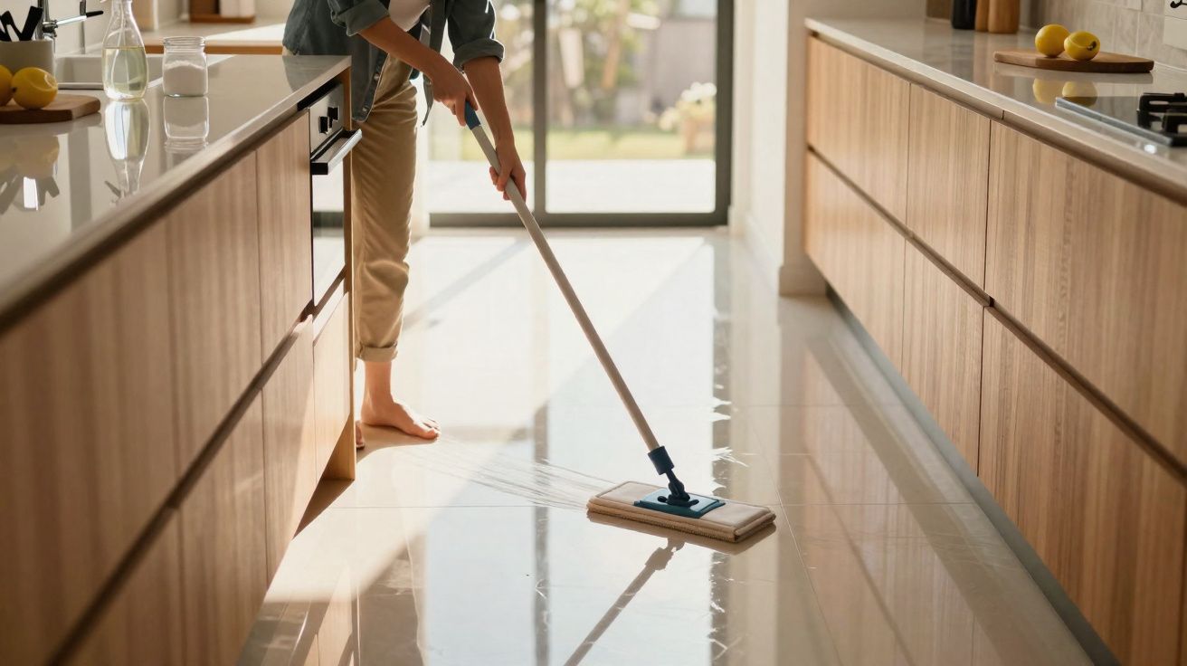 Pessoa a limpar o chão da cozinha moderna com esfregona, luz natural entra pela porta de vidro.