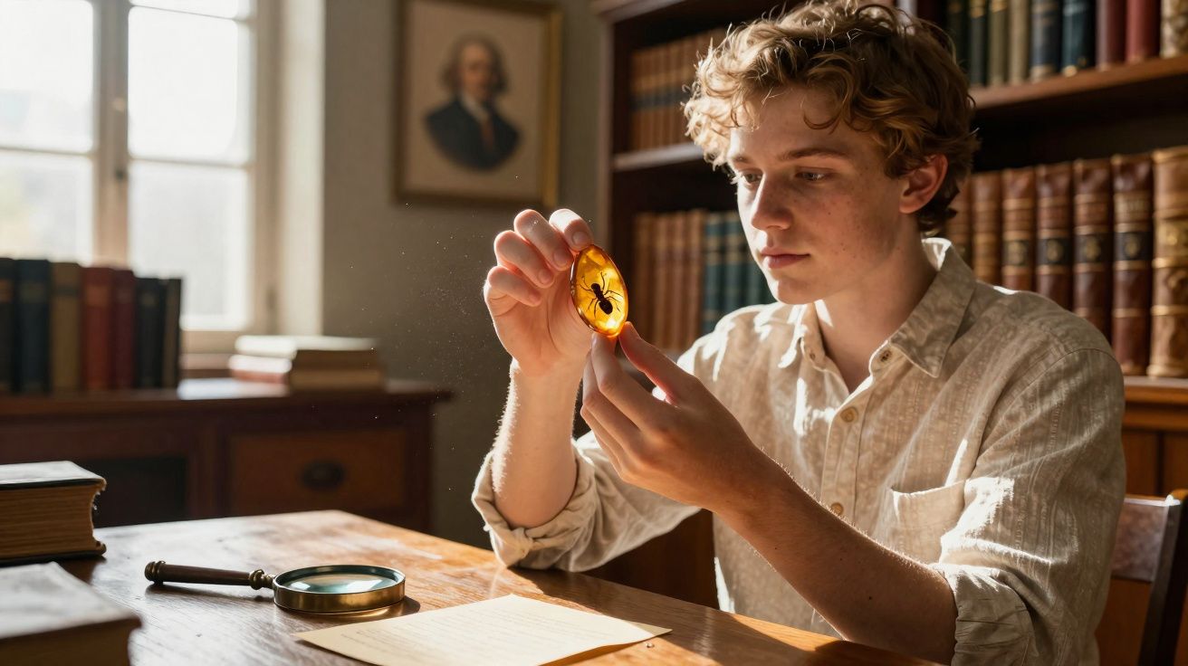 Jovem numa biblioteca a observar uma peça de âmbar com inseto no interior, sentado à mesa com lupa e livros.