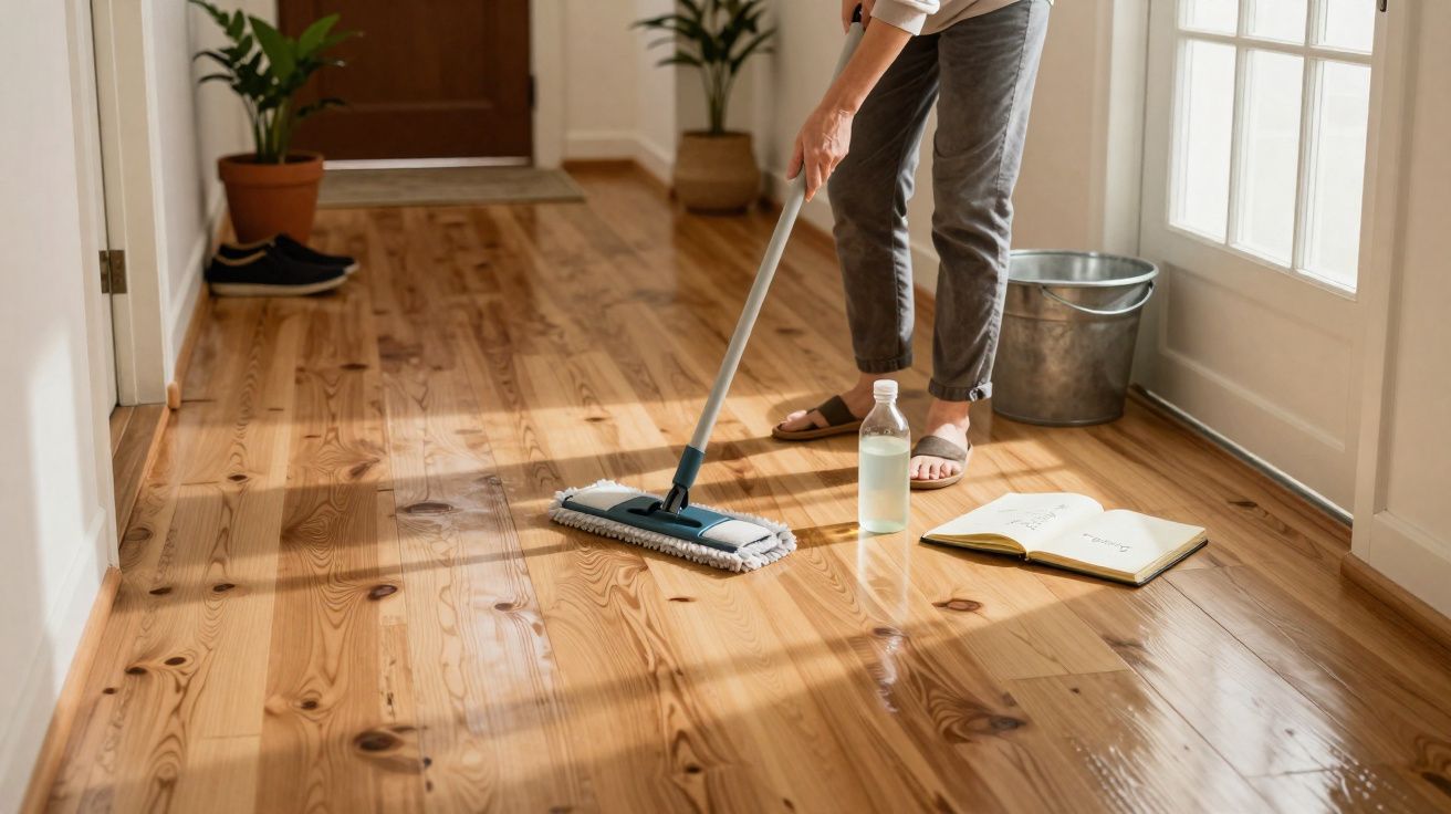 Pessoa a limpar chão de madeira com esfregona num corredor iluminado por luz natural.