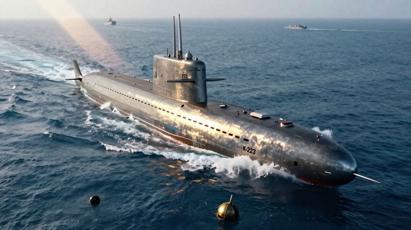 Submarino metálico a navegar na superfície do mar com outras embarcações ao fundo.