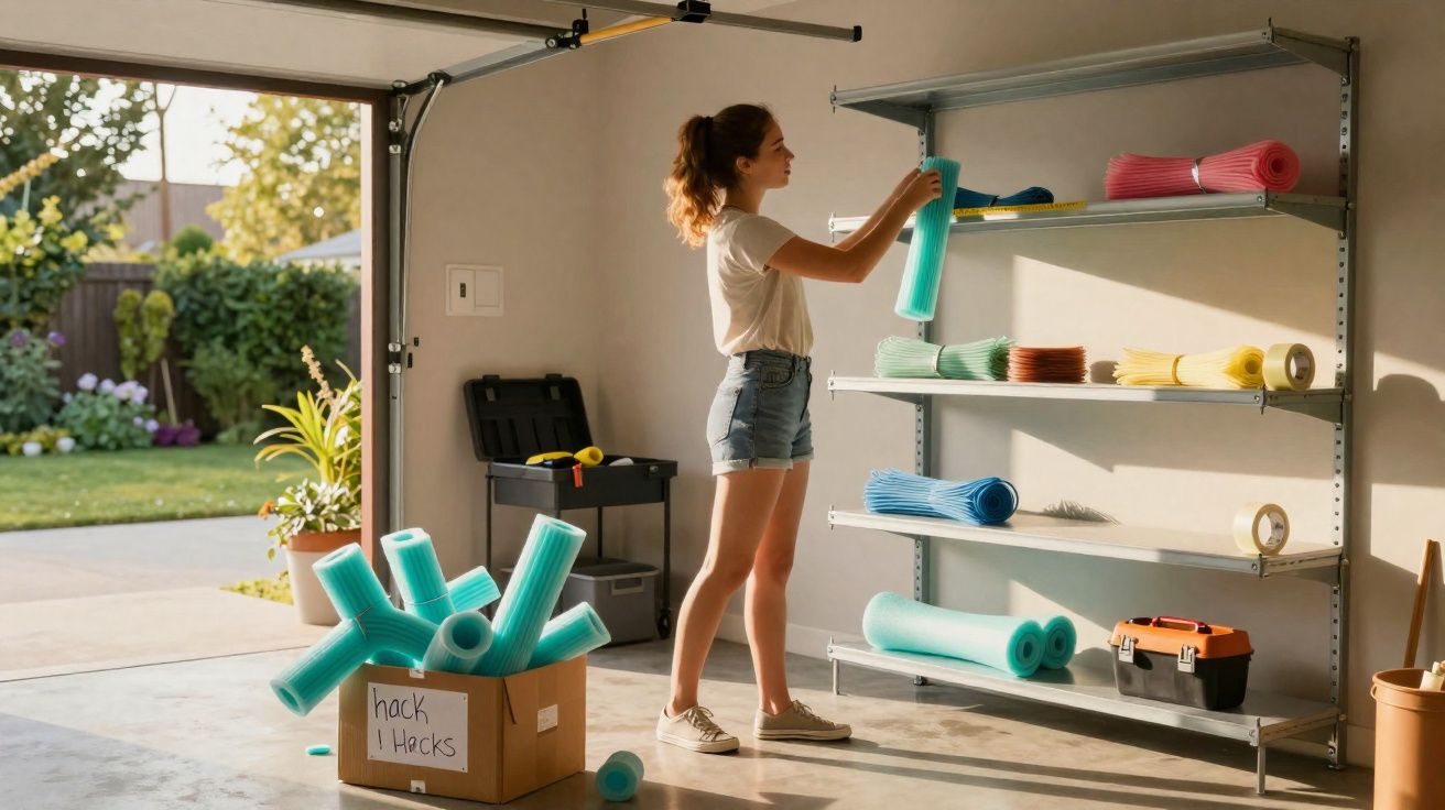 Mulher a organizar tapetes de yoga coloridos numa prateleira dentro de uma garagem iluminada pelo sol.