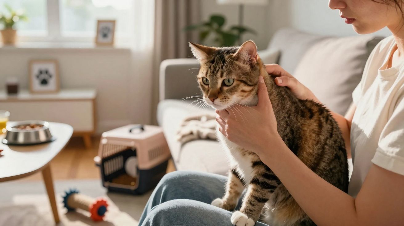 Pessoa a segurar um gato malhado sentado no colo numa sala de estar iluminada e acolhedora.