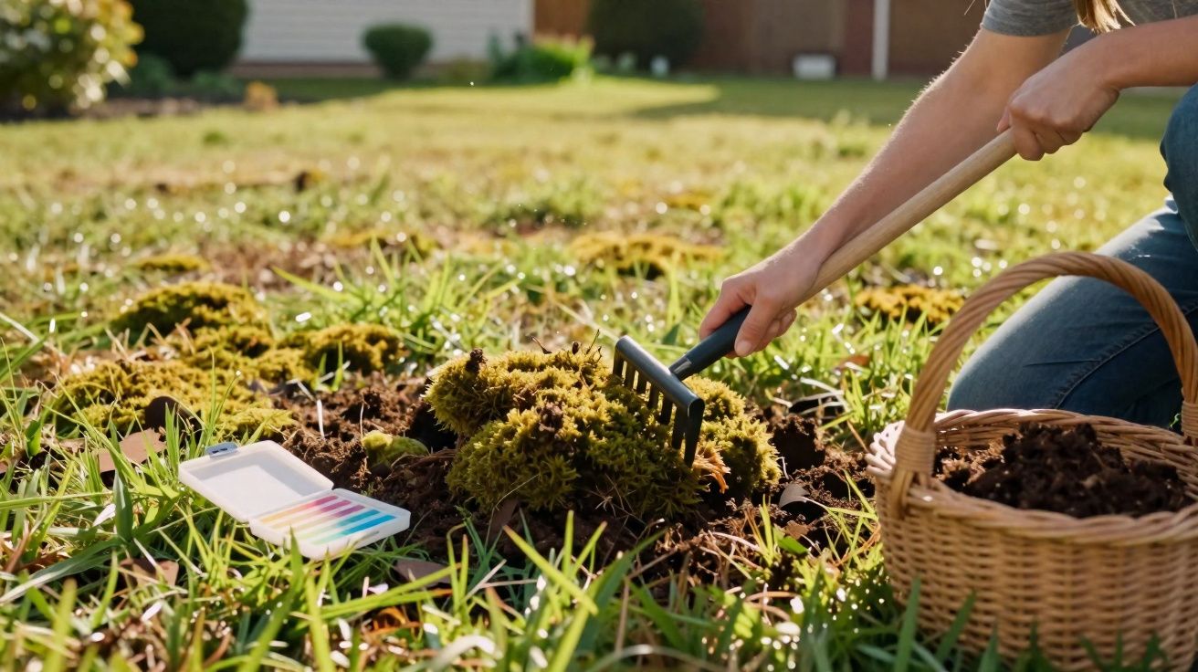 Pessoa a limpar musgo do chão com um mini ancinho, ao lado de um cesto com terra e giz de cor.