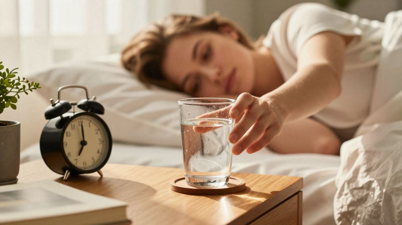 Mulher deitada na cama a alcançar um copo de água num criado-mudo com relógio e planta.
