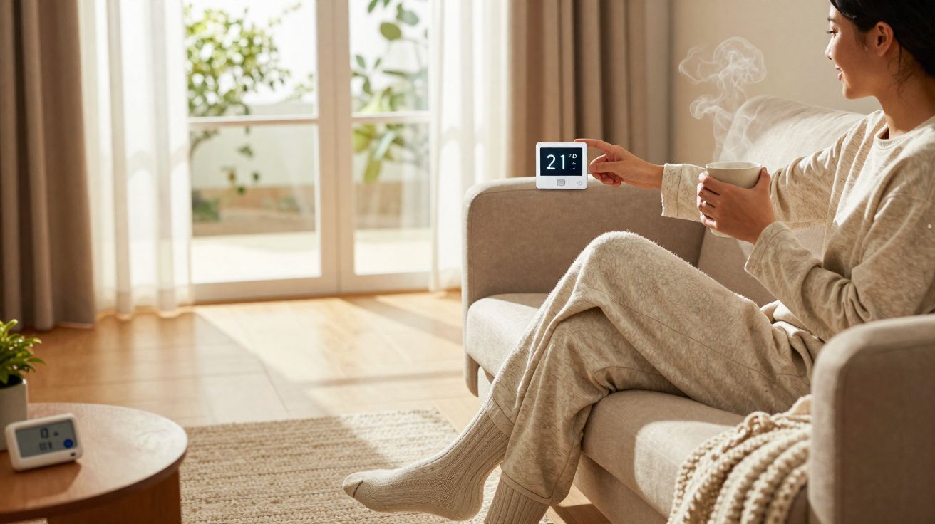 Mulher sentada no sofá a controlar a temperatura interior, segurando chá quente num ambiente acolhedor e iluminado.