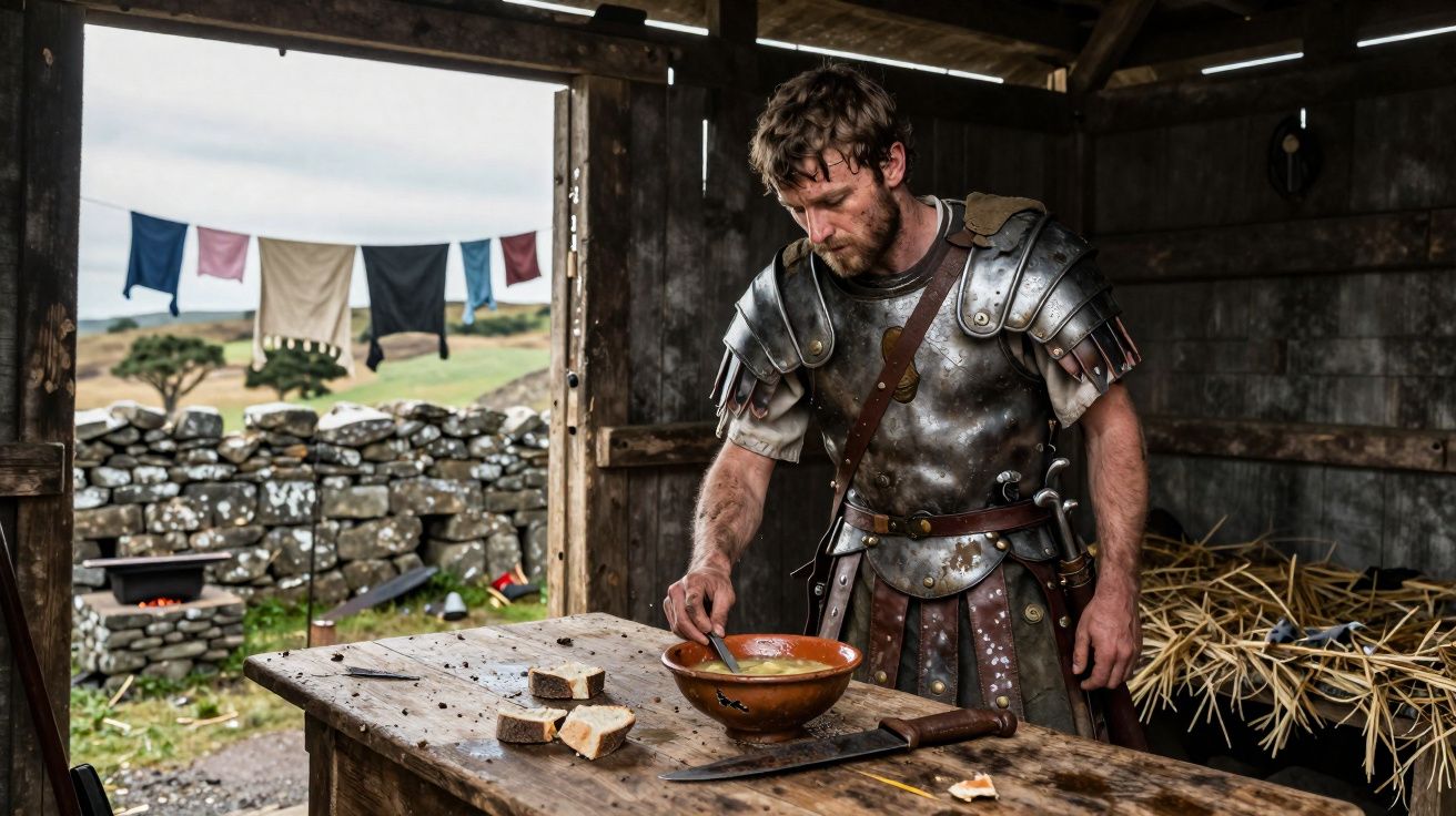 Homem com armadura romana prepara sopa numa mesa rústica dentro de celeiro antigo.