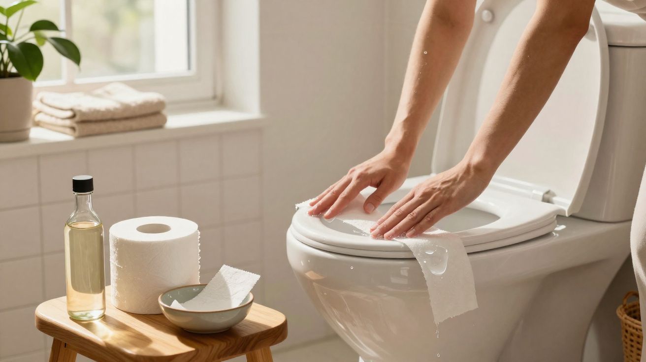 Pessoa a limpar a tampa da sanita com papel higiénico numa casa de banho iluminada e organizada.