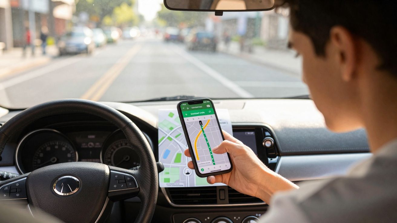 Pessoa a segurar um telemóvel com aplicação de GPS dentro de um carro estacionado numa rua.